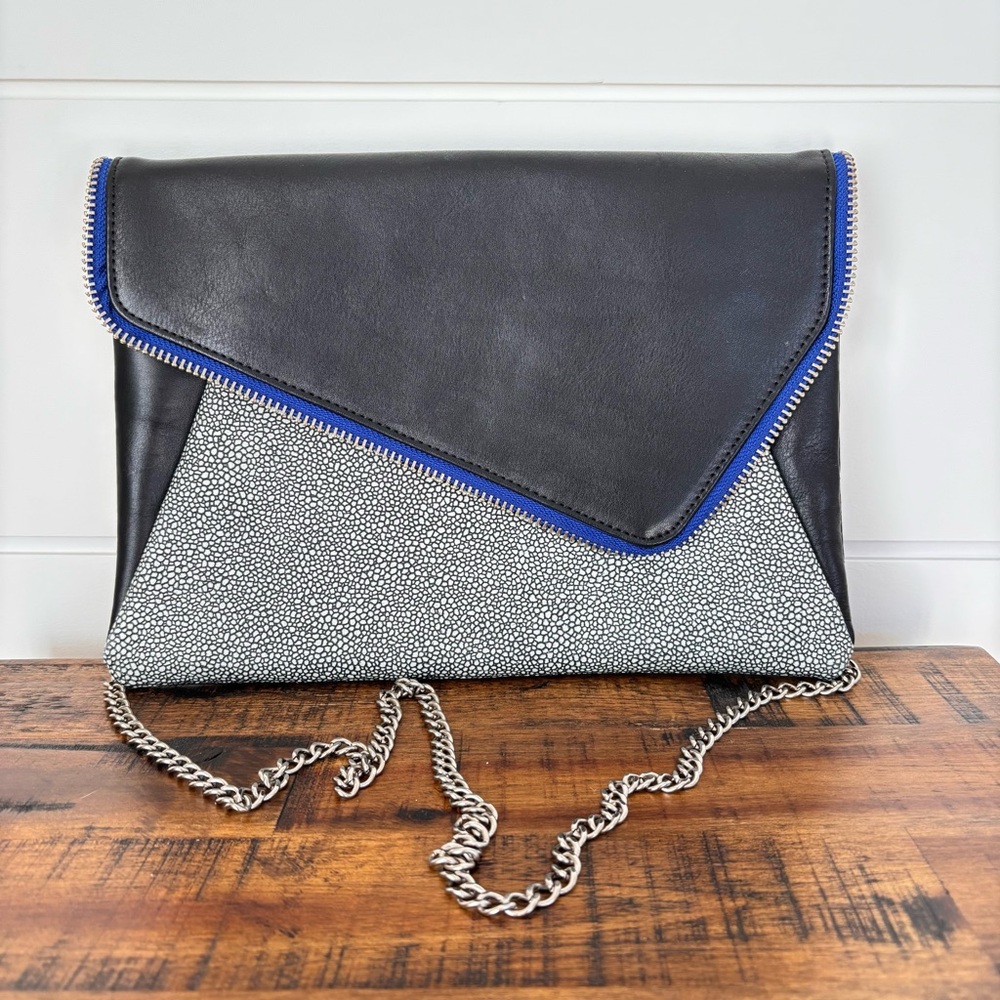 Halogen "Date Night" Asymmetrical Flap Clutch Black Leather - Picture 15 of 16